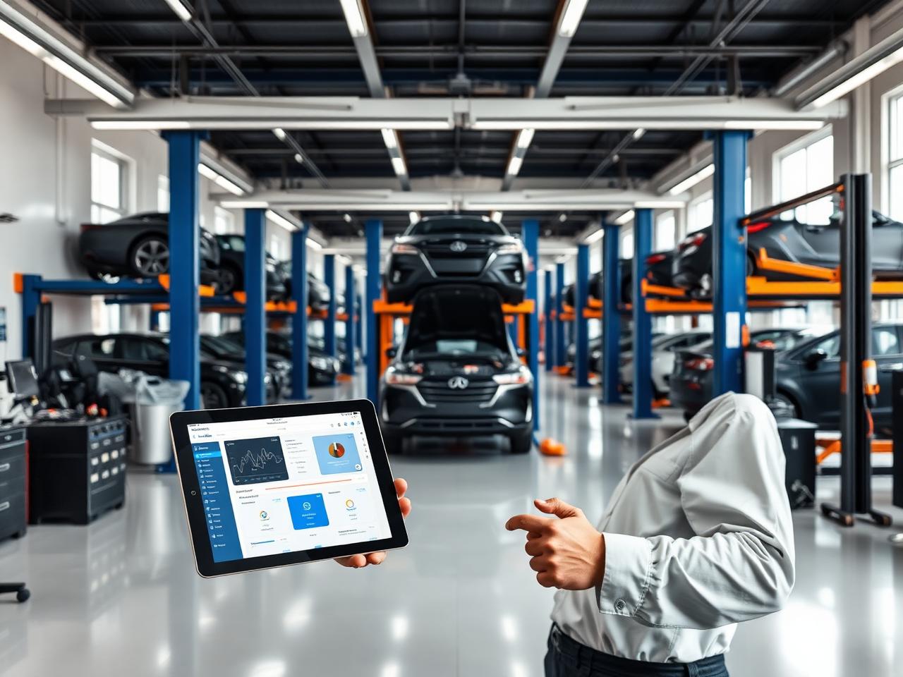 Oficina automotiva moderna usando o sistema de gestão Mavanel em um tablet